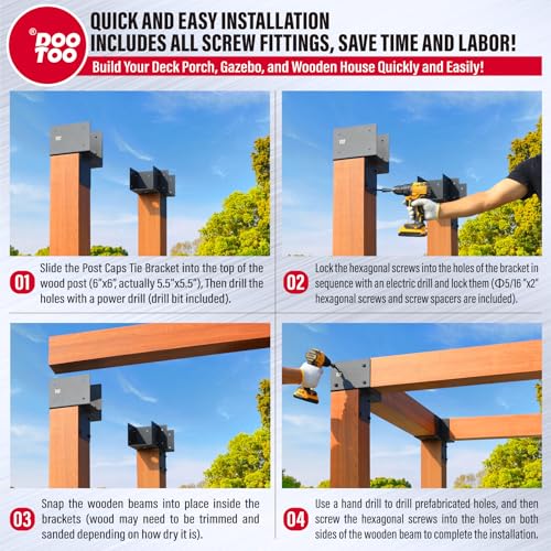 DOOTOO 4pcs 6x6(Actual Post/5.5"x5.5" Beams/5.5"x5.5") Post Cap Tie Bracket, Heavy Duty Stainless Steel Wood Beam Support Bracket, Corner Post Brackets for Pergolas, Gazebos, Decks and Porches(Black) - Image 6