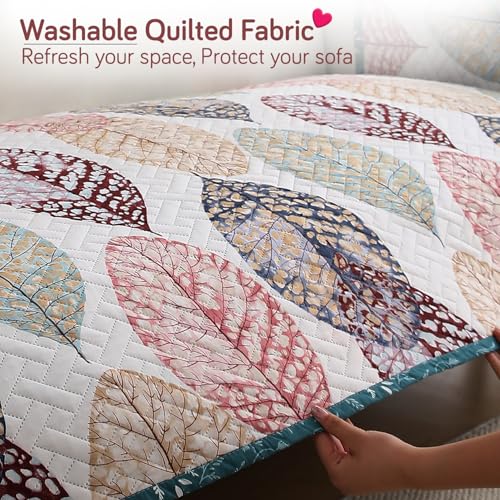 Image of HOKIPO 'Homehues Series' Printed Quilted Sofa Cover 5 Seater Set - Washable 3+1+1 Sofa Cover Mat, Multicolor Linden Leaf (IN-806 * 2 + IN-809 - D7)