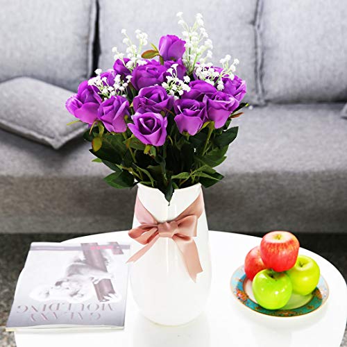 Veryhome Artificial Flowers Silk Roses Fake Bridal Wedding Bouquet For Home Garden Party Floral Decor 10 Pcs (Purple Straight Stem) #TOP4