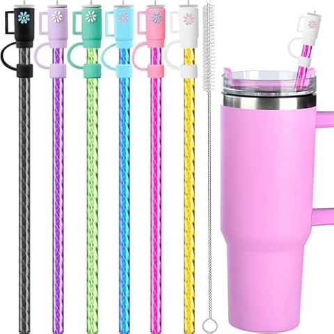 Haundry 12 Pack Replacement Swirl Straws and Covers for 40 oz Stanley Tumbler Cups, Reusable Spiral Plastic Straws with Cleaning Brush, Compatible with 40oz 30oz Stanley Water Jug, 12inch Cover