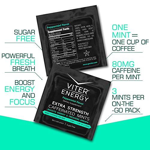 Viter Energy Caffeinated Mints - Extra Strength 80mg Caffeine, B Vitamins, Sugar Free Vegan Breath Mint. Powerful Energizing Boost. 1 Energy Mint = 1 Coffee, Gum, Chews, Gummies, Candy (Peppermint)