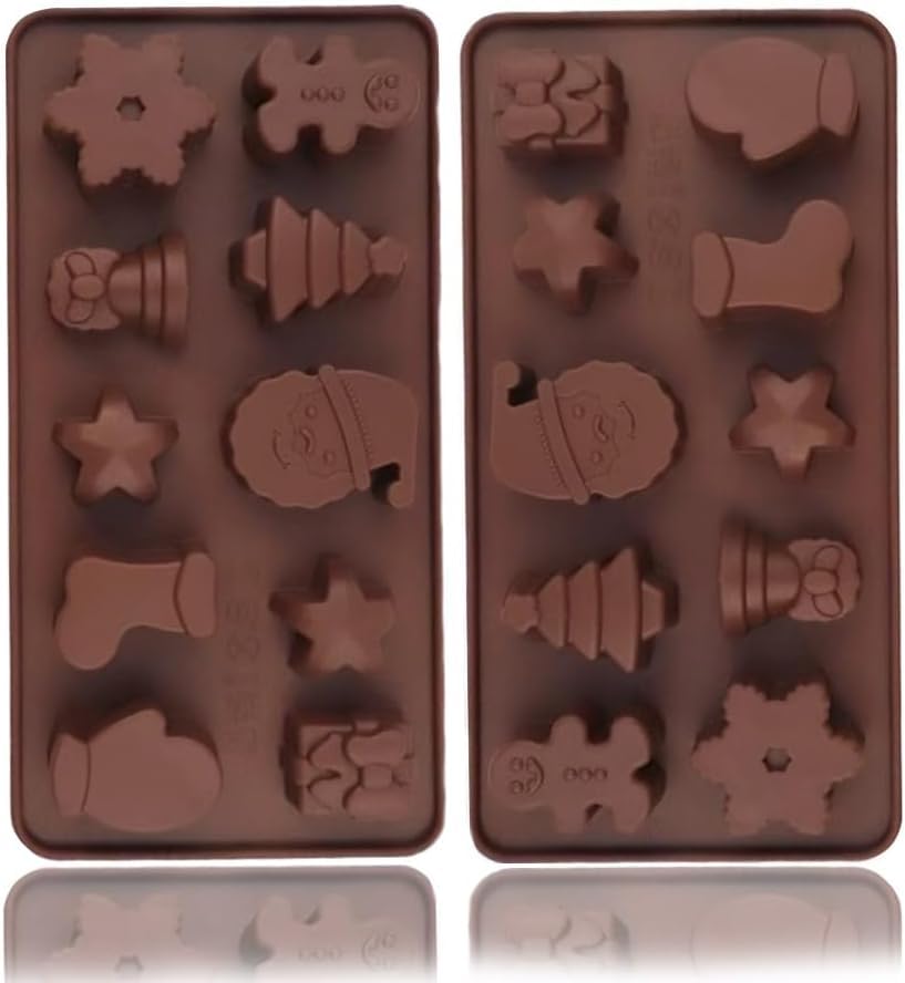 2 Pack Christmas Chocolate Mould 10 Cavity Food Grade Silicone Molds for Baking Festive Shapes Santa Gingerbread Tree Snowflake Star DIY Cake Cookie Candy Fondant Decorations