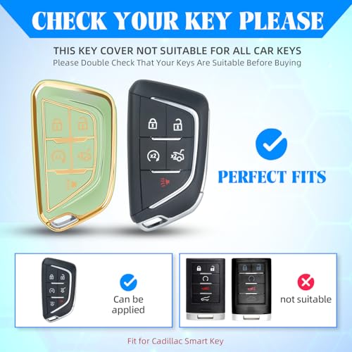 Image of QBUC for Cadillac Key Fob Cover with Leather Keychain (Gold Trim Green) | Soft TPU Protection Case Compatible with 2020-2026 Cadillac Escalade Lyriq Optiq 5-Buttons