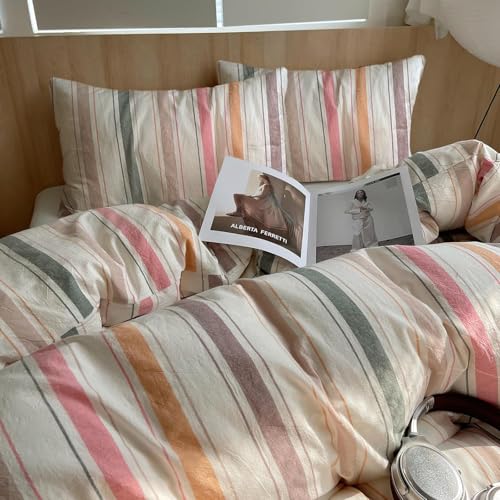 Image of VM VOUGEMARKET Multicolor Striped Duvet Cover Set King Washed Cotton Bedding Stripes Duvet Cover with 2 Pillowcases for Girls Women(Orange /Pink /Green /Coffee)