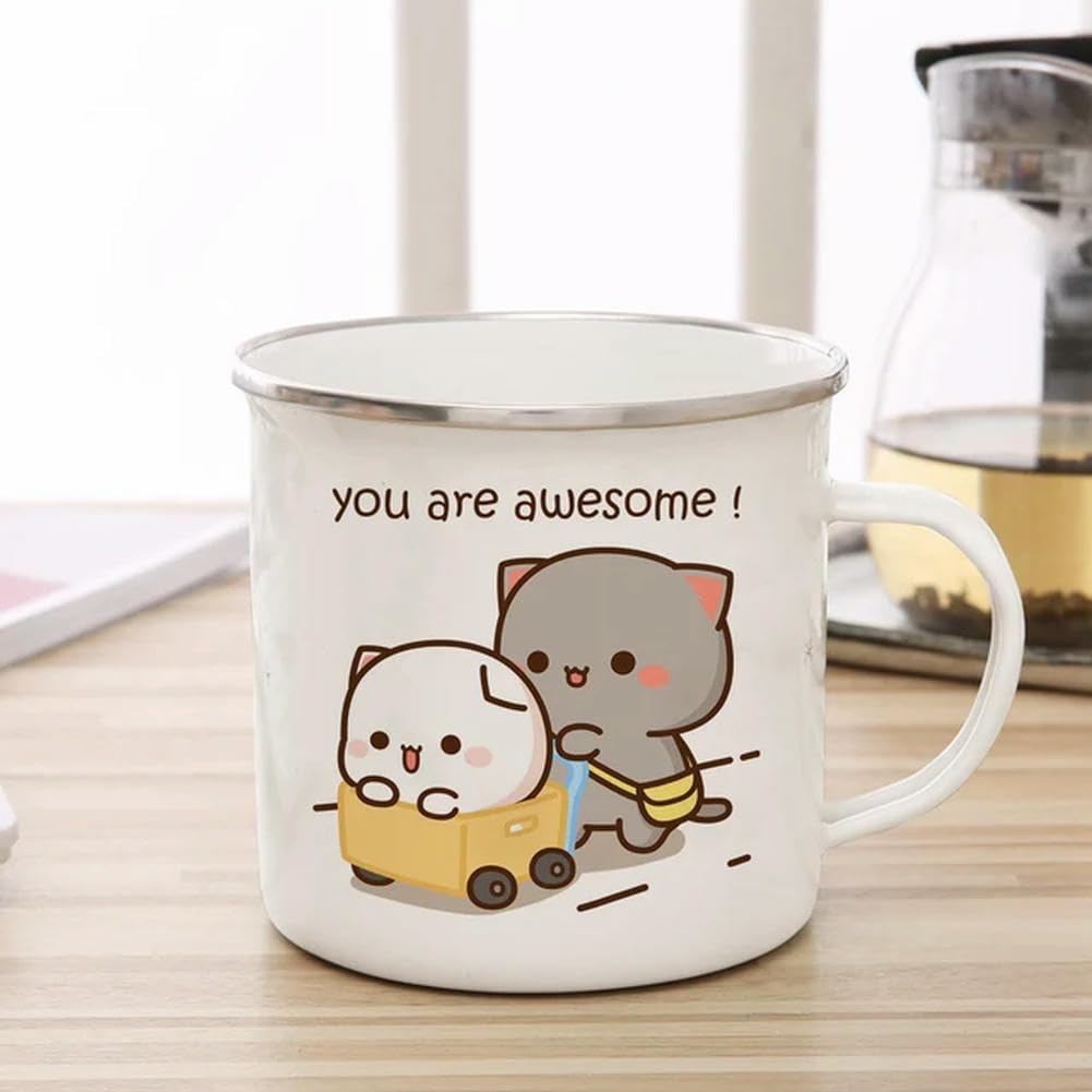 umsl Peach and Goma cat Enamel cup Coffee tea Mug cute animal Breakfast Dessert milk water cup couple gift
