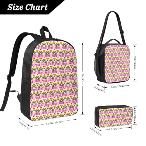 Gay Pride LGBT Rainbow Love Heart 17 Inch Backpack Sets Lunch Bag Lightweight Daypack for Men Women 3Pcs2