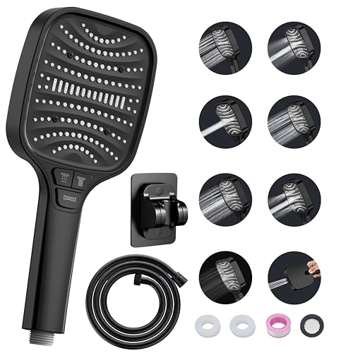 Alcachofa de ducha con manguera y soporte de pared – 8 niveles de ducha con 4 botones, alta presión, color negro – Potente juego de alcachofa de ducha antical