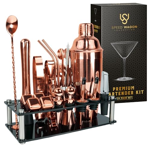 Mixology Bartender Kit – 24 Piece Rose Gold Cocktail Shaker Set w/Stand – Essential Home Bar Accessories Martini Shaker, Jigger, Muddler, Chilling Cubes & More