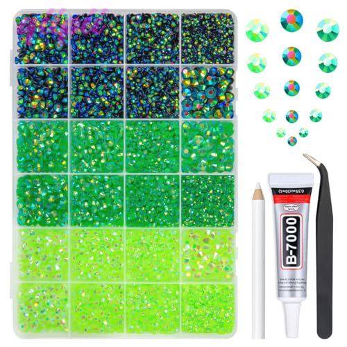 qiipii 2mm-6mm 3 Color Green AB Series Jelly Resin Rhinestones w B7000 Jewelry Glue for Bedazzling Crafting Flatback Stones Gems Diamonds for Nails Face Eyes Makeup Tumblers Bottles DIY Crafts Clothes