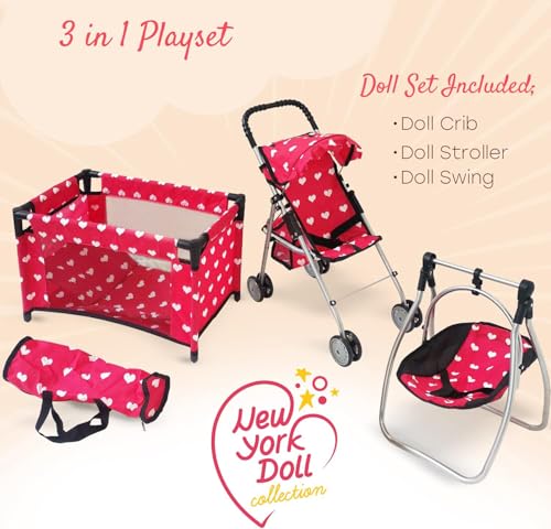 Deluxe Baby Doll Stroller with Crib Furniture Playset, Multi Baby Doll Accessories Set for 18" Dolls, Includes Doll Stroller Swing and Doll Bed Pretend Play for All Dolls - Pink - Thumbnail 2