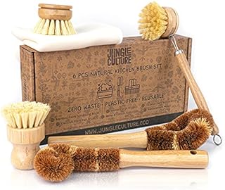 Jungle Culture® 6 Piece Natural Dish Brushes for Washing Up  Eco Dish Brush Kitchen Cleaning Set  Plant Based Coconut Scrubbers  Bottle / Pot Brush & Eco Friendly Scourer Sponge for Pans & Dishes