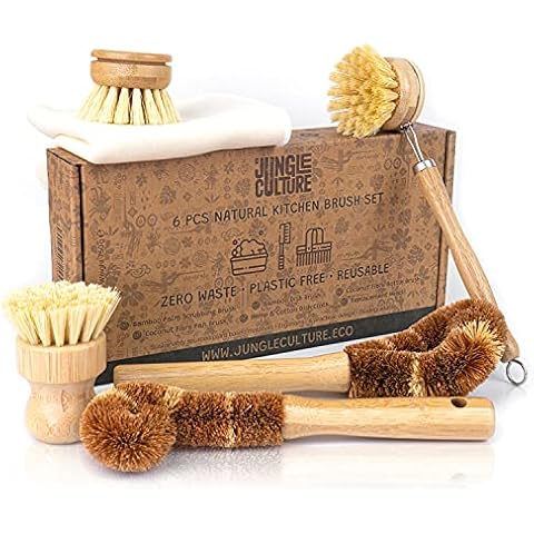 Jungle Culture® 6 Piece Natural Dish Brushes for Washing Up • Eco Dish Brush Kitchen Cleaning Set • Plant Based Coconut Scrubbers • Bottle/Pot Brush & Eco Friendly Scourer Sponge for Pans & Dishes Cover