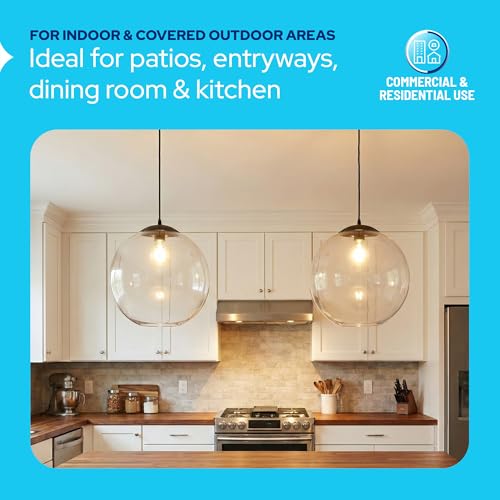 Image of KASTLITE 12 inch Acrylic Globe Pendant Light Fixture, 8W 3000K Filament LED Bulb, Ceiling Mount - Kitchen Pendant Lighting Over Island, Hanging Dining Light, Living Room Lamp - Clear Shade, Black Base