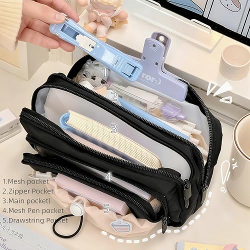 Image of FINPAC Pencil Case, 5-Layer Large Capacity Pen Case with Drawstring, Durable Stylish Bag Pouch Holder Box Organize for Study, Office, or Travel (Black)