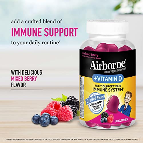 Airborne 180Mg Vitamin C + Vitamin D With Zinc Gummies For Adults, Immune Support Supplement With Powerful Antioxidant Vitamins C & D - 60 Gummies, Mixed Berry Flavor #TOP3