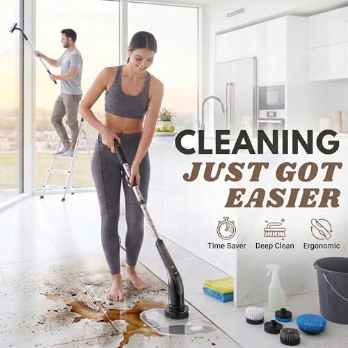 Image of LIVINGPRO Electric Spin Scrubber with LCD Display, Cordless Cleaning Scrubber for Home, Upgraded 70W Dual Speed Motor, IPX7 Waterproof Power Scrubber, 7 Brush Heads, Extendable Long Handle