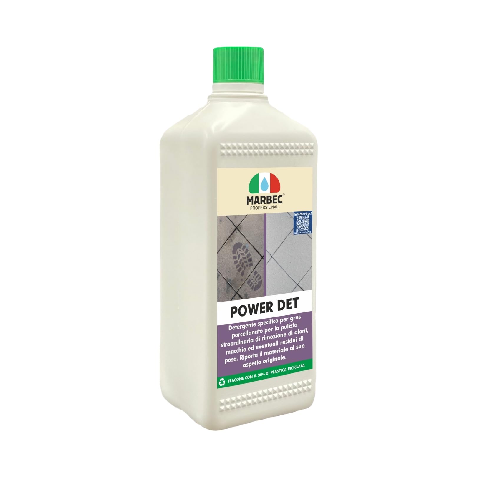 MARBEC POWER DET 1LT Detergente smacchiante e disincrostante per pavimenti in gres porcellanato. Rimuove sporco, aloni e macchie persistenti, rinnovando l’aspetto del gres.