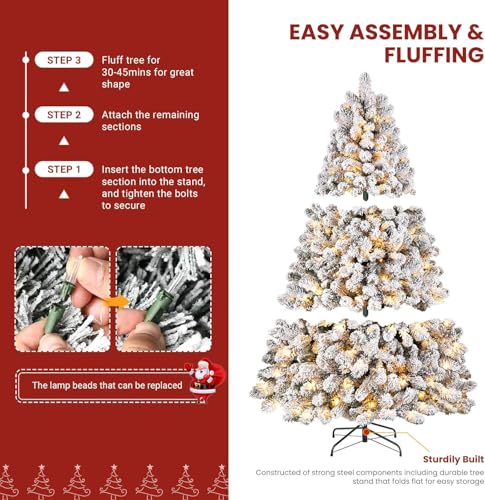 Image of SHareconn 6.5ft Snow Flocked Spruce Pre-lit Artificial Christmas Tree,White