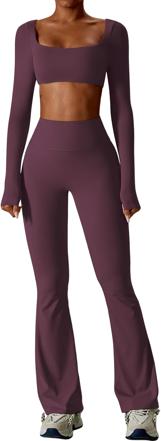 ABOCIW Workout Sets for Women 2 Piece Square Neck Long Sleeve Crop Tops High Waist Flared Leggings Gym Sets