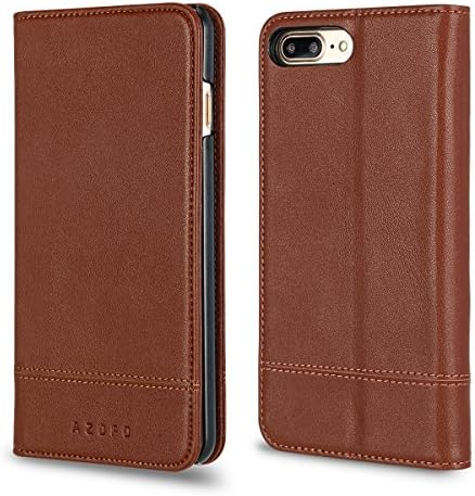 AZOFO iPhone 8 Plus Case, iPhone 7 Plus Case, Genuine Leather Wallet Case, Flip Cover Folio Book Style Card Holder Slots, Kickstand, Magnetic Clousure Compatible iPhone 8 Plus/iPhone 7 Plus, Brown