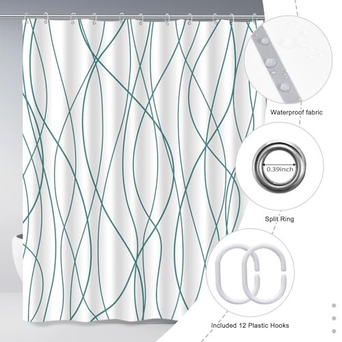 Punkray Seaweed Green Striped Fabric Shower Curtain for Bathroom with 12 Hooks, Shower Curtains for Bathroom, Waterproof Bath Accessories Hotel Style - Machine Washable 72 X 72