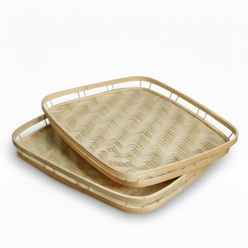 PEMAR Bandejas de mimbre para servir con asas, bandejas rectangulares tejidas a mano, bandejas de bambú para dormitorio, bandejas de cabina para alimentos y bebidas. Bandejas decorativas para mesas de
