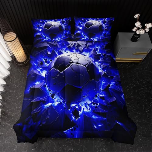 Image of Nttopship Soccer Bedding Comforter Set King Size for Kids Teens and Adults, Blue and Black Football Printed Bedding Sets 3 PCS,Ball Sports Themed Bedroom Decor with 1 Comforter and 2 Pillowcases