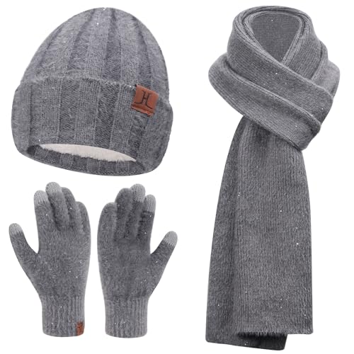 FZ FANTASTIC ZONE Womens Winter Warm Knit Beanie Hats Gloves Touchscreen Long Scarf Set Skull Cap with Fleece Gifts for Women