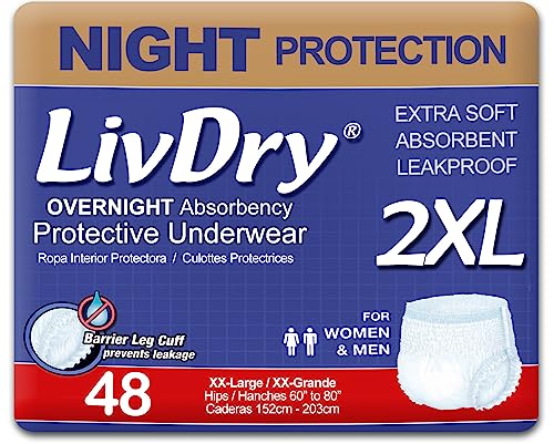 Image of LivDry 2XL Overnight Adult Diapers for Women and Men, XXL Incontinence Underwear, 60 inch-80 inch Waist, Disposable Pull-On Briefs, XX-Large, 48 Pack