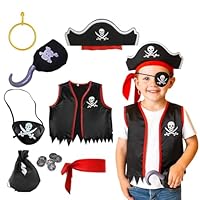 13 Pcs Pirate Costume Kids Set, Boy Captain Costume Accessories, With Belt Eye Mask Hat Earring Money Bag Gold Coin Vest Fancy Dress for Halloween Cosplay Birthday Party Accessories