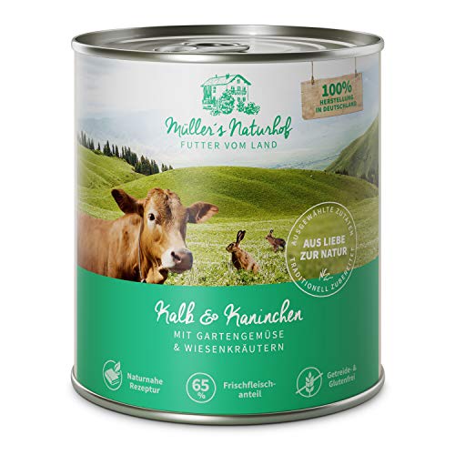 Müllers Naturhof - Kalb und Kaninchen - 6 x 800 g - Nassfutter für alle Hunderassen - getreidefrei und glutenfrei - mit Gartengemüse und Wiesenkräutern - naturnahe Rezeptur mit 65% Fleisch