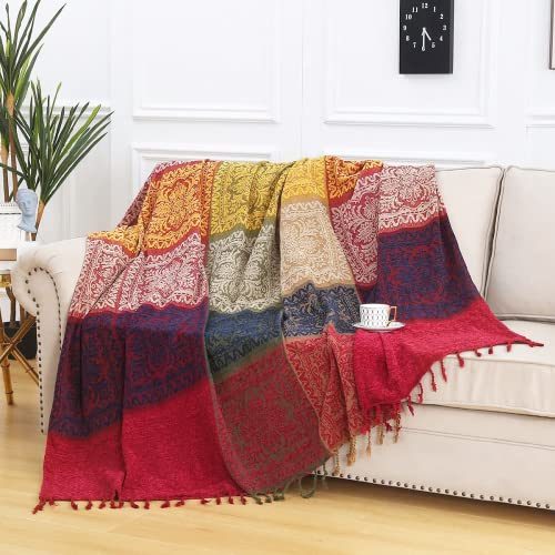 VANJOROY Große Sofa-Überwurfdecke mit Quasten, 100 % Chenille, multifunktional, weich, luxuriös, Überwurf für Couch, Teppich und Bett, 220 x 260 cm, Rot