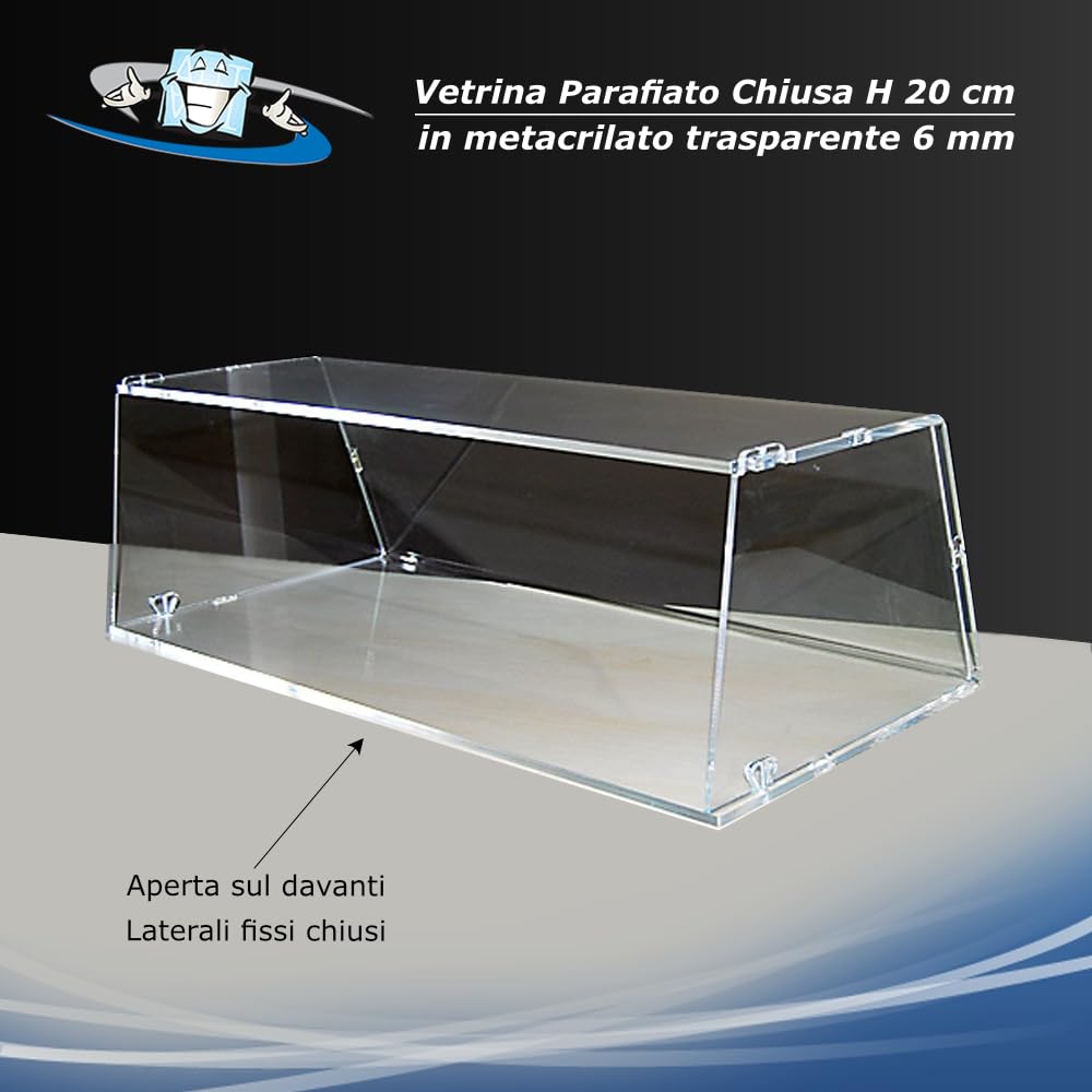Vetrina da banco in plexiglass trasparente per alimenti H 20 cm aperta o chiusa su 3 lati disponibile con o senza sportello