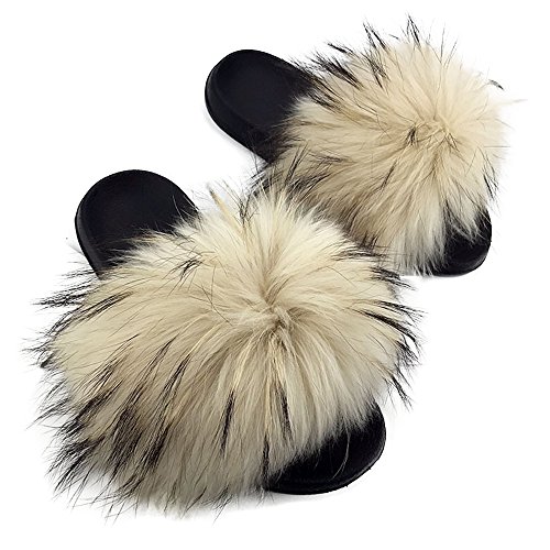 Yu Li Womens Luxury Real Raccon Fur Slippers Slides Indoor Outdoor Flat Soles Soft Summer Shoes