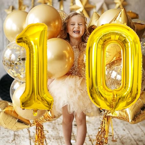 Image of SINBEE Gold 10 Number Balloon, 40 Inch Mylar Foil Reusable Party Decoration for Birthday, Anniversary, Ceremony, Business Event