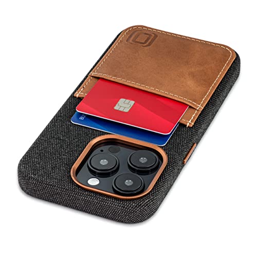 Image of Dockem iPhone 14 Pro Fabric Card Case with Built-in Metal Plate for Magnetic Mounting, Stitched-on Genuine Leather Wallet with 2 Credit Card /ID Slots: M2F 14 Pro [Grey w /Light Brown]
