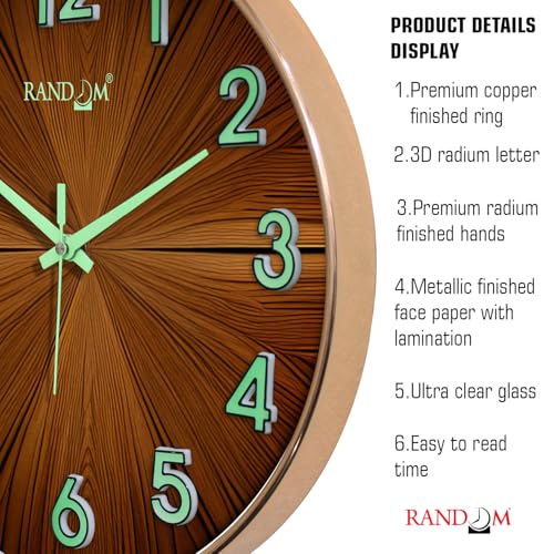 Image of RANDOM Modern 12.75INCH Wall Clock with 3D Radium Numbers, Silent Non-Ticking, Premium Copper Frame, Ultra Clear Glass for Living Room, Home Office