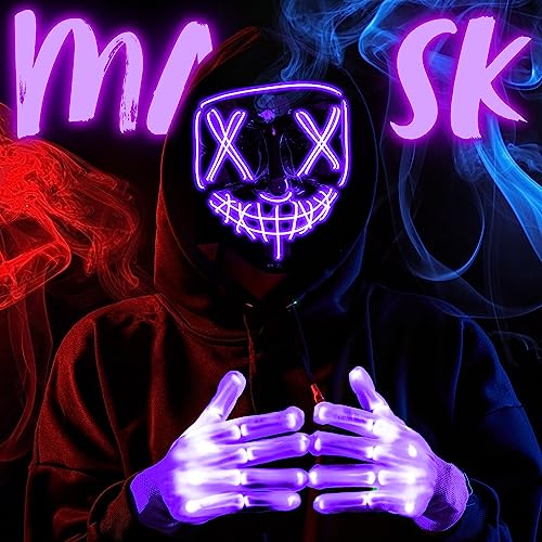 Image of JOYIN Halloween Led Mask, Light Up Mask and Gloves for Cosplay Costume (Purple), 3 Modes Scary Glow in The Dark Masks for Boys Girls Halloween Party Dress Up Accessories, Gifts Giving