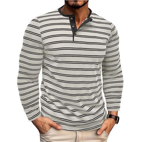 Mens Henley Shirts Casual Striped Long Sleeve Cotton T-Shirt Basic Button Lightweight Crewneck Pullover Tees Tops