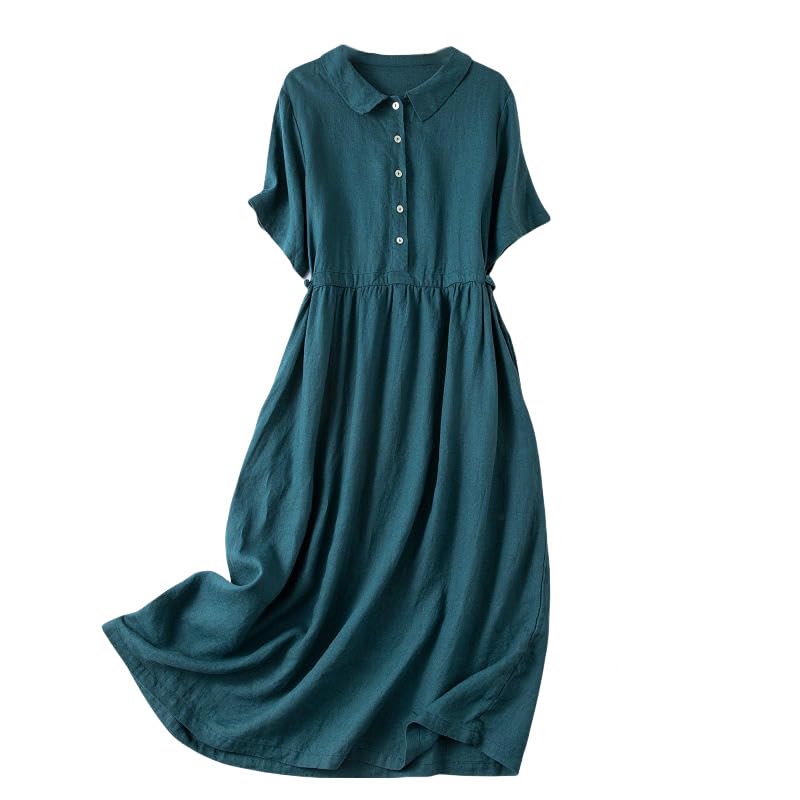 Robe coréenne en coton et lin retro au col de chemise minimaliste