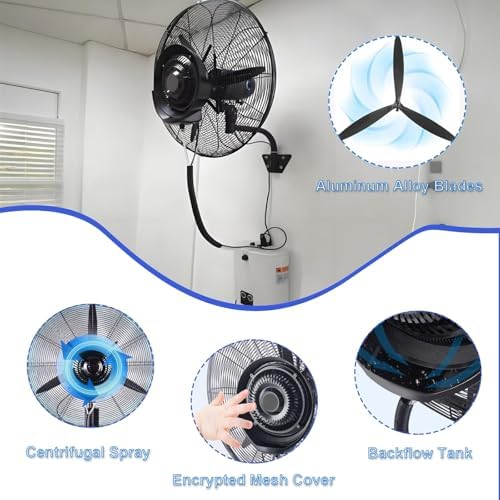 30-Inch Wall Mount Misting Fan with 15L Water Tank, High Velocity Outdoor Fan, 3-Speed Waterproof Patio Cooler for Shop, Garage, Greenhouse, Commercial Use