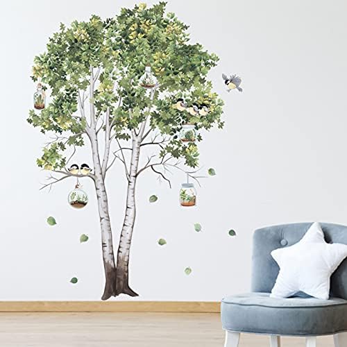 Tropical Plants Large Tree Wall Sticker with Flying Birds, Removable Pastoral Style Fruit Tree Birdcage Hanging Basket Decals Decor, DIY Art Murals for Nursery Bedroom Living Room Decoration (B)