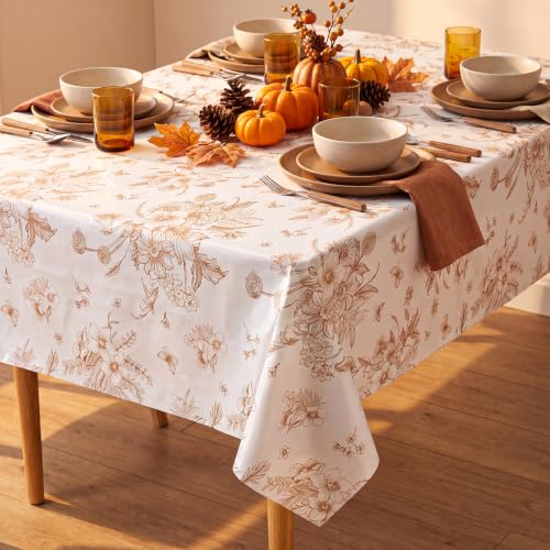 Image of NatNarr 3 Pcs Orange Floral Plastic Tablecloths, 54 X 108Inch Fall Party Tablecloth Disposable Table Cloth Orange and White Porcelain Tables Decor for Autumn Dinner Harvest Wedding Birthday Picnic