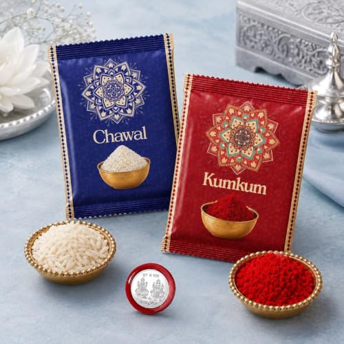 Image of Oblivion Rakhi for Brother | Rakhi Set for Brother with 2 Silver Colour Rakhis, Raksha Bandhan Greeting Card, Coin & Kumkum Chawal Pooja Thali | Rakhi Gift Set for Bhai