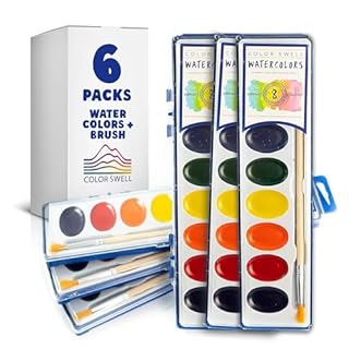 6 Set Watercolour Paint Pack with Wood Brushes 8 Colours Washable Water Colours Perfect for Kids Adults Parties Students Classroom Bulk by Color Swell