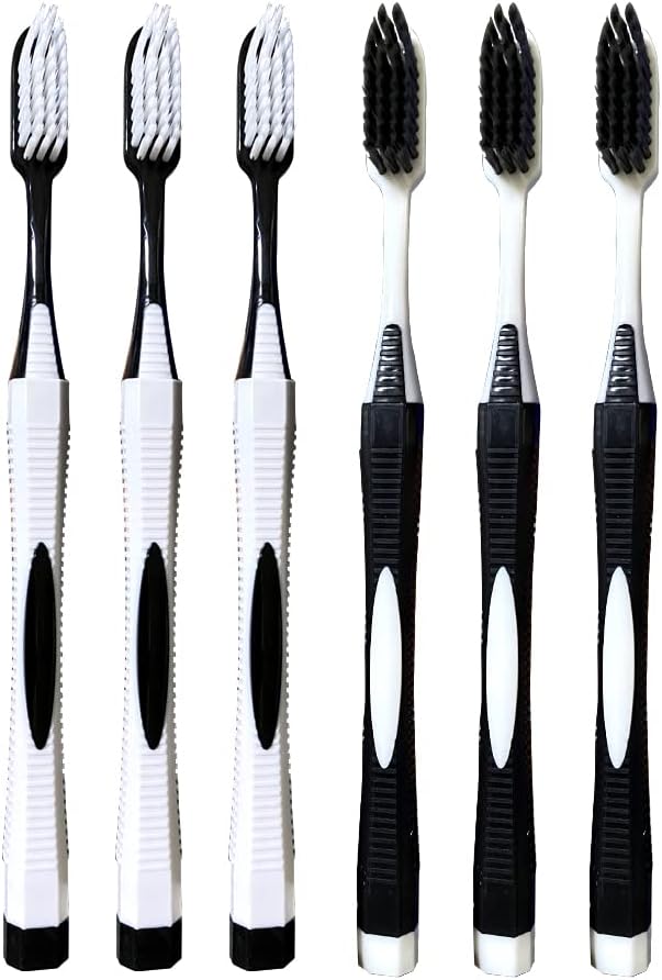 50 Toothbrushes Affordable Bulk Pack for Travel, Hotel, Guest, ndividually Wrapped Premium Toothbrushes, Oversized Easy Grip Rubber Handle, Soft Multi Color Nylon Bristles (Black and White)
