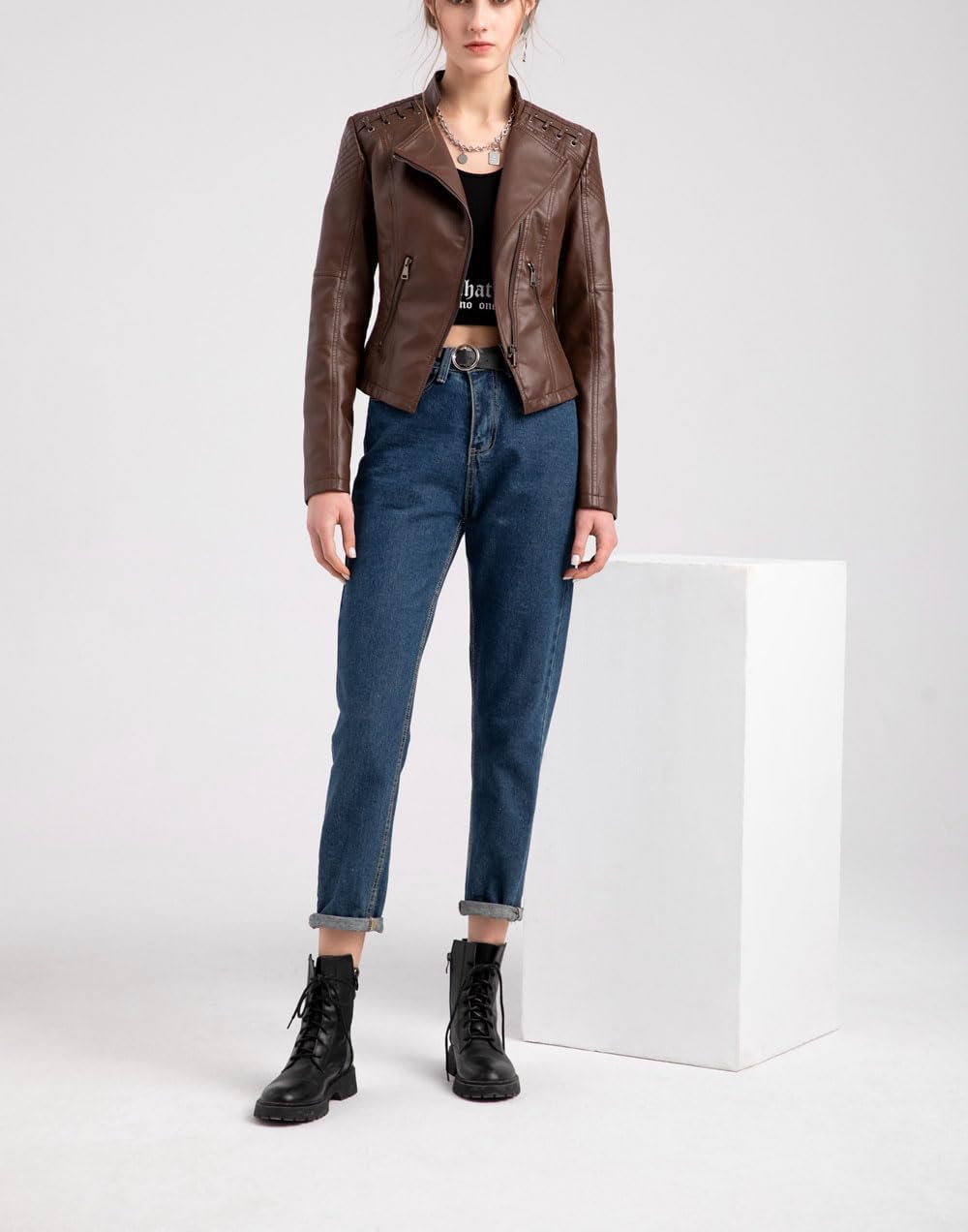 Women's classic faux leather zipper motorcycle jacket, with a turned-down collar and a fitted design