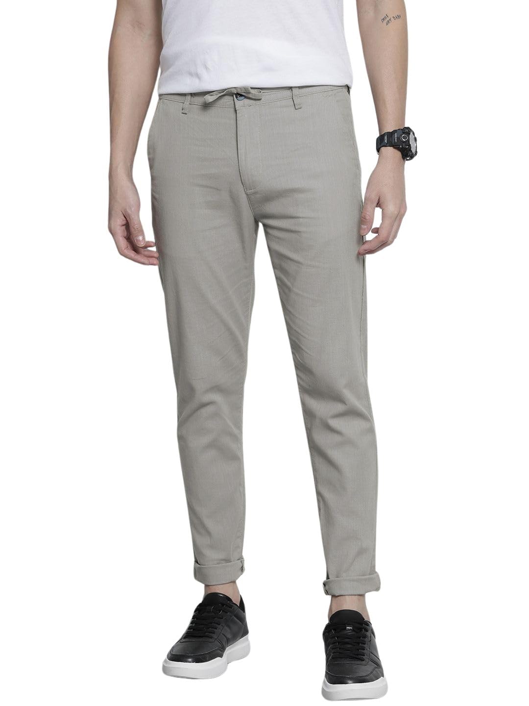 the indian garage co Men's Slim Fit Mid Rise Solid Mid-Rise Elasticated Linen Trousers-picture-26