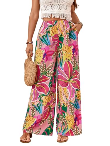 Verdusa Women's Hawaiian Tropical Beach Palazzo Pants Flowy Boho Summer Wide Leg Trousers