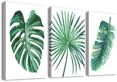 Large Green Leaf Wall Art Tropical Plants Picture Artwork 16" x 24" x 3 Pieces Modern Simple Life Canvas Artwork Minimalist Watercolor Prints of Monstera Palm Banana for Bathroom Living Room Bedroom